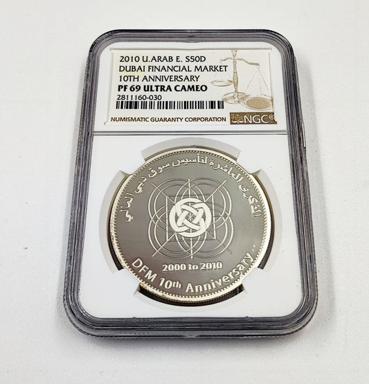 2010 UAE Silver coin (50D) 10TH Anniversary for Dubai Financial Market high grade 69/70