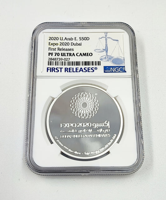 2020 UAE Silver coin (50D) Expo 2020 Dubai First Releases highest grade 70/70